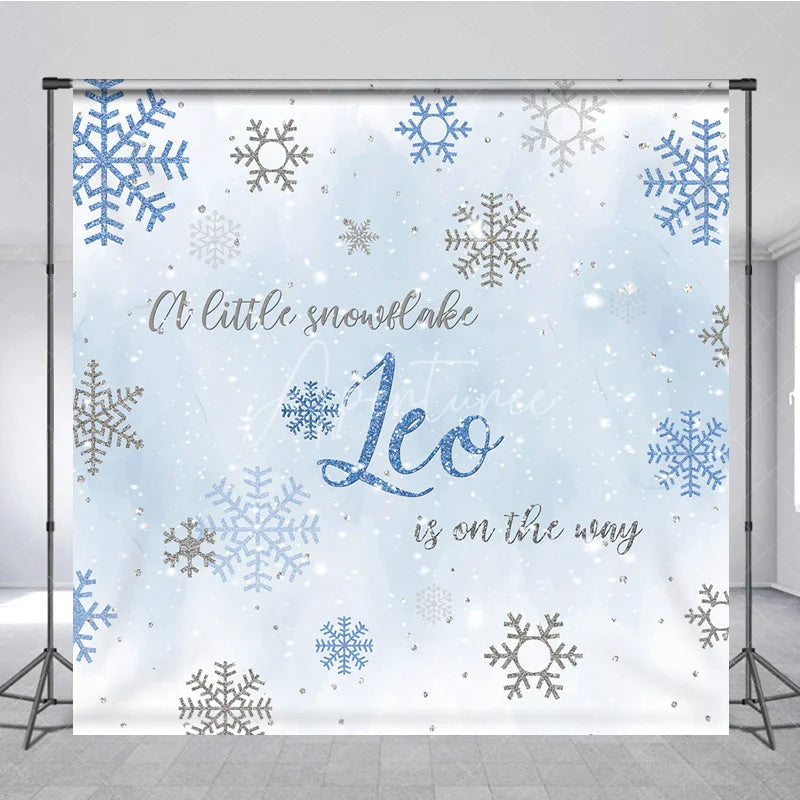 Aperturee - Aperturee Custom Baby Shower Backdrop Winter Wonderland Blue Snowflake Silver Sparkle Boy Decor