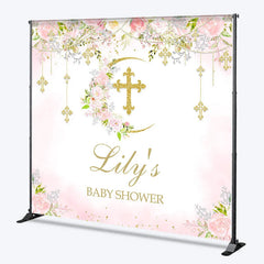 Aperturee - Aperturee Custom Baby Shower Backdrop with Golden Glitter Cross Floral Pink Roses and Crescent Moon Design for Baby’s