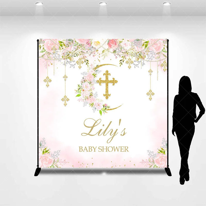 Aperturee - Aperturee Custom Baby Shower Backdrop with Golden Glitter Cross Floral Pink Roses and Crescent Moon Design for Baby’s