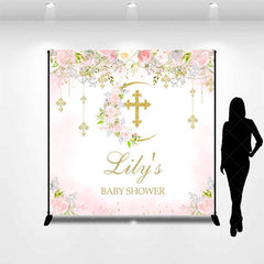 Aperturee - Aperturee Custom Baby Shower Backdrop with Golden Glitter Cross Floral Pink Roses and Crescent Moon Design for Baby’s