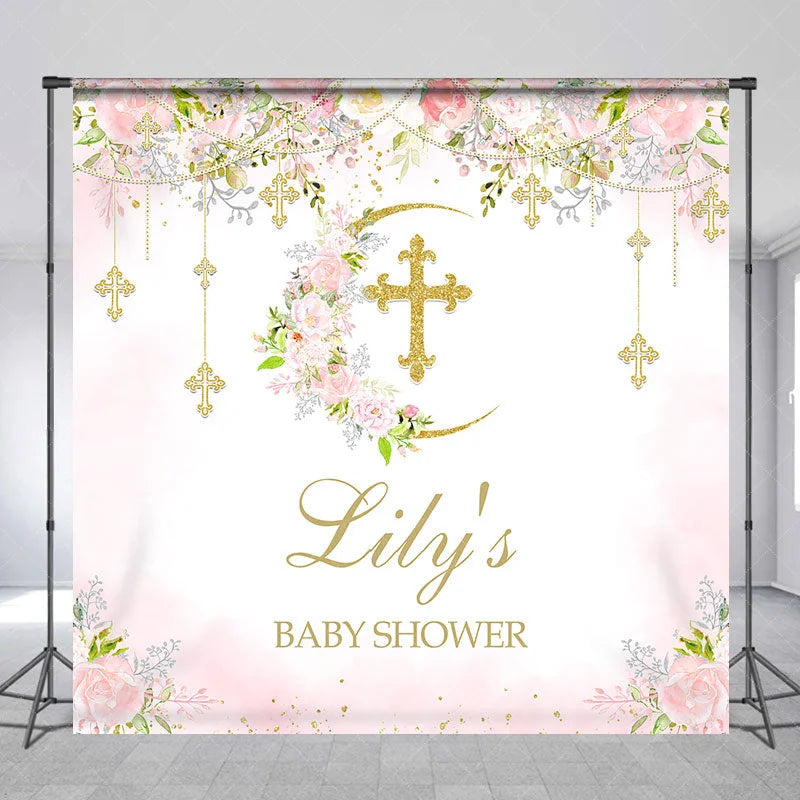 Aperturee - Aperturee Custom Baby Shower Backdrop with Golden Glitter Cross Floral Pink Roses and Crescent Moon Design for Baby’s