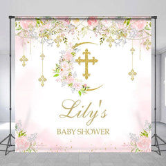 Aperturee - Aperturee Custom Baby Shower Backdrop with Golden Glitter Cross Floral Pink Roses and Crescent Moon Design for Baby’s