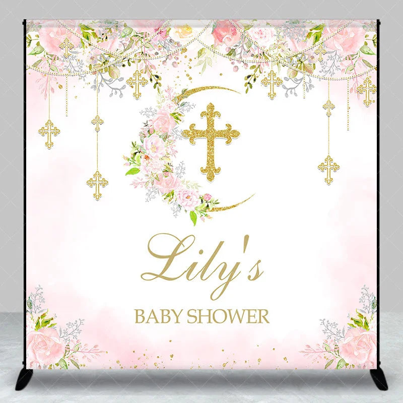 Aperturee - Aperturee Custom Baby Shower Backdrop with Golden Glitter Cross Floral Pink Roses and Crescent Moon Design for Baby’s