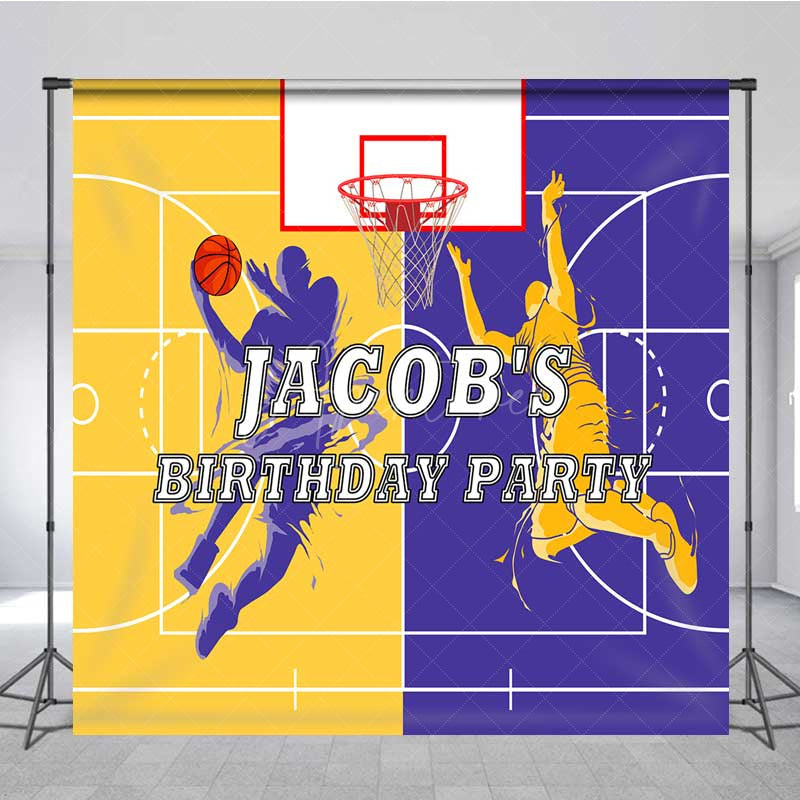 Aperturee Aperturee Custom Basketball Birthday Party Backdrop Purple and Gold Sports Court Personalized Slam Dunk Action Photo Prop