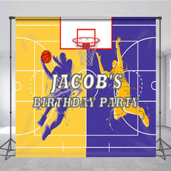 Aperturee Aperturee Custom Basketball Birthday Party Backdrop Purple and Gold Sports Court Personalized Slam Dunk Action Photo Prop