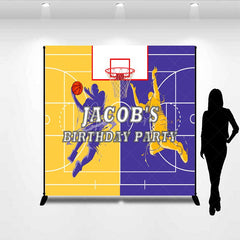 Aperturee Aperturee Custom Basketball Birthday Party Backdrop Purple and Gold Sports Court Personalized Slam Dunk Action Photo Prop