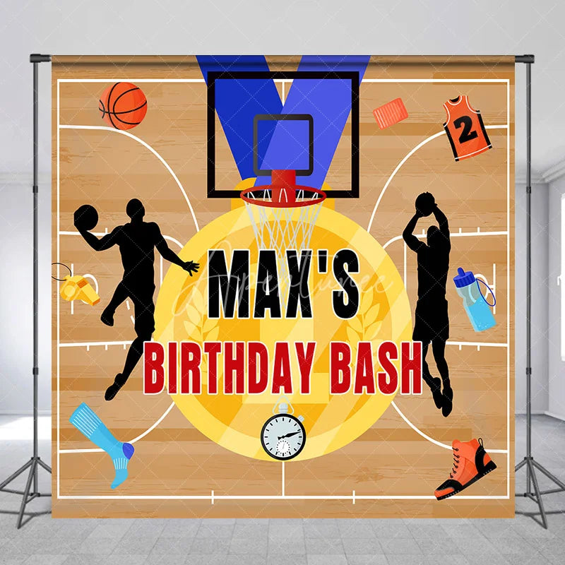 Aperturee - Aperturee Custom Basketball Court Birthday Bash Backdrop featuring Players and Sports Gear Party Decor