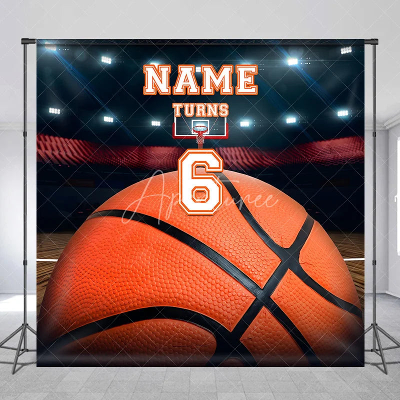 Aperturee - Aperturee Custom Basketball Court Stadium Backdrop with Personalized Name and Number 6 Sports Theme Birthday Party Decor