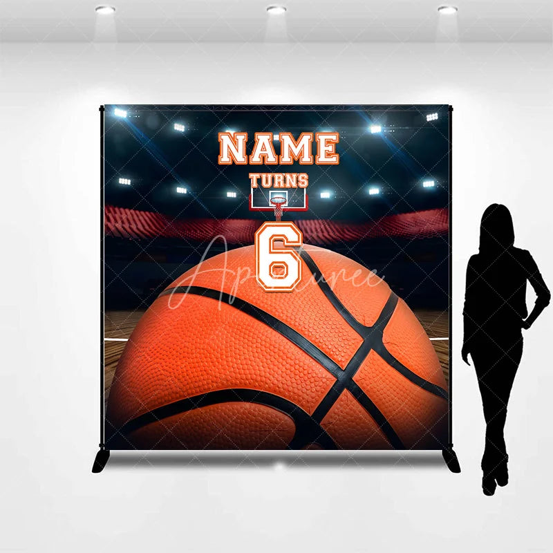 Aperturee - Aperturee Custom Basketball Court Stadium Backdrop with Personalized Name and Number 6 Sports Theme Birthday Party Decor