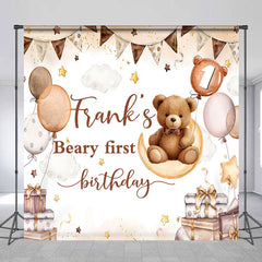 Aperturee Aperturee Custom Beary First Birthday Backdrop Boho Teddy Bear on Moon with Balloons Personalized Boys Party Photo Prop