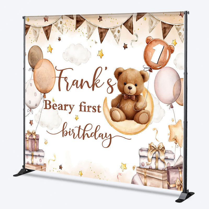 Aperturee Aperturee Custom Beary First Birthday Backdrop Boho Teddy Bear on Moon with Balloons Personalized Boys Party Photo Prop