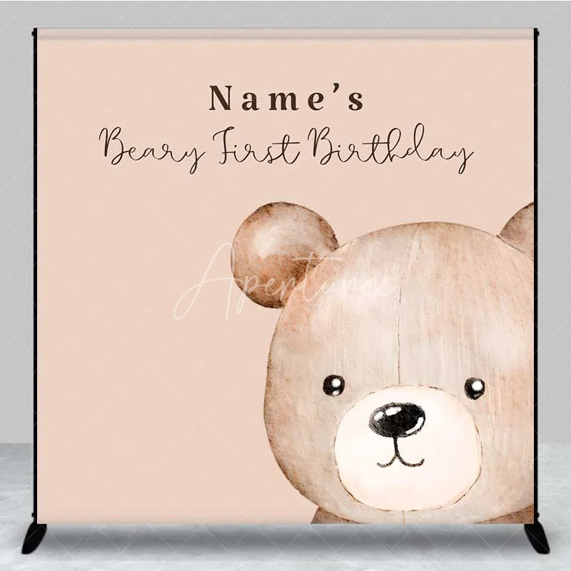 Aperturee - Aperturee Custom Beary First Birthday Backdrop Personalized Teddy Bear Theme Brown Gold White Balloons Decoration