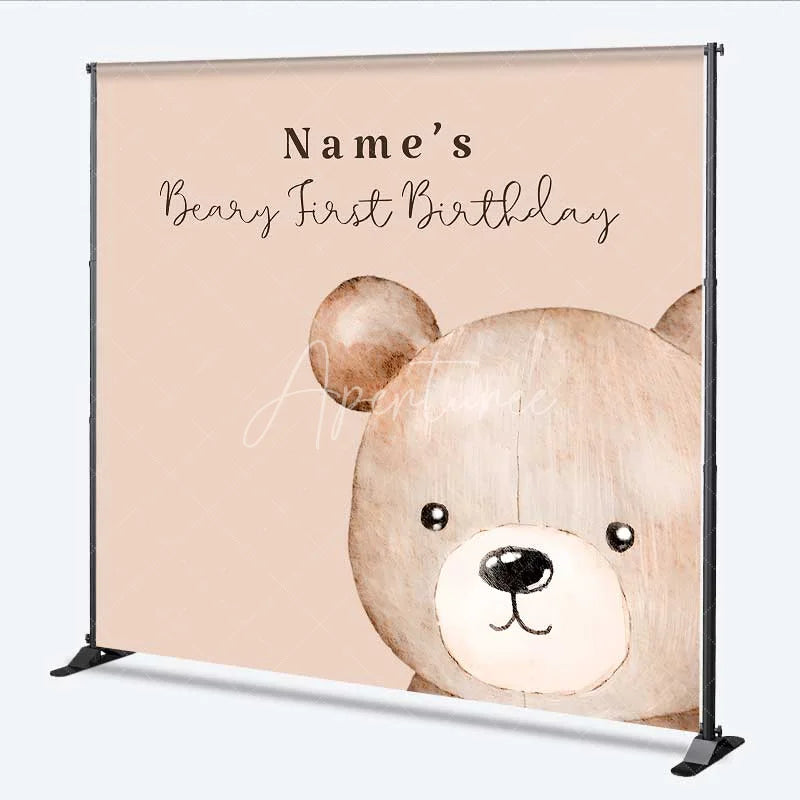 Aperturee - Aperturee Custom Beary First Birthday Backdrop Personalized Teddy Bear Theme Brown Gold White Balloons Decoration
