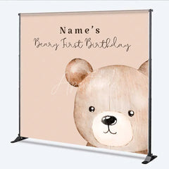 Aperturee - Aperturee Custom Beary First Birthday Backdrop Personalized Teddy Bear Theme Brown Gold White Balloons Decoration