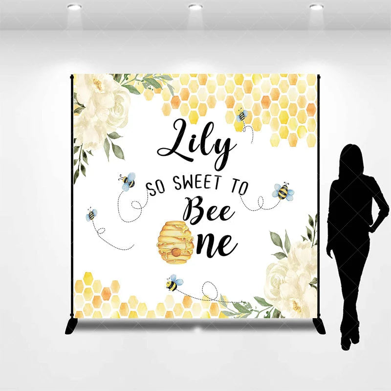 Aperturee - Aperturee Custom Bee and Honeycomb First Birthday Backdrop Personalized So Sweet to Be One with White Flowers