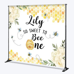 Aperturee - Aperturee Custom Bee and Honeycomb First Birthday Backdrop Personalized So Sweet to Be One with White Flowers