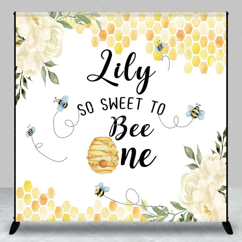 Aperturee - Aperturee Custom Bee and Honeycomb First Birthday Backdrop Personalized So Sweet to Be One with White Flowers