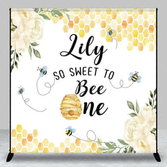 Aperturee - Aperturee Custom Bee and Honeycomb First Birthday Backdrop Personalized So Sweet to Be One with White Flowers