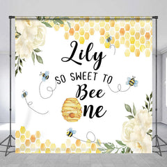 Aperturee - Aperturee Custom Bee and Honeycomb First Birthday Backdrop Personalized So Sweet to Be One with White Flowers