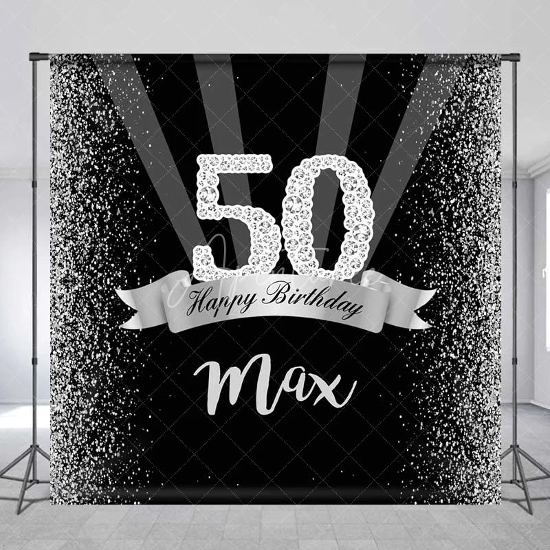 Aperturee - Aperturee Custom Birthday Backdrop 50th Silver Glitter Personalize Name Black Shine Beams Background Adult Party Prop