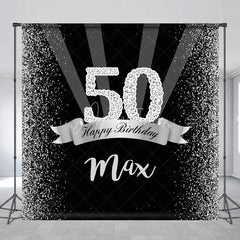 Aperturee - Aperturee Custom Birthday Backdrop 50th Silver Glitter Personalize Name Black Shine Beams Background Adult Party Prop