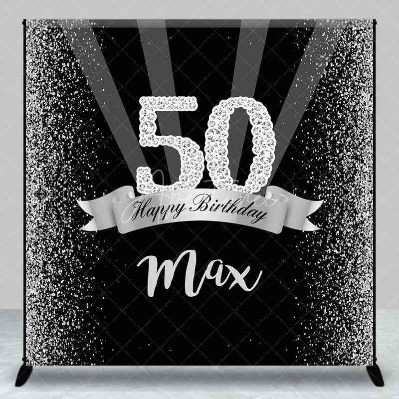 Aperturee - Aperturee Custom Birthday Backdrop 50th Silver Glitter Personalize Name Black Shine Beams Background Adult Party Prop