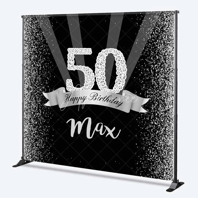Aperturee - Aperturee Custom Birthday Backdrop 50th Silver Glitter Personalize Name Black Shine Beams Background Adult Party Prop