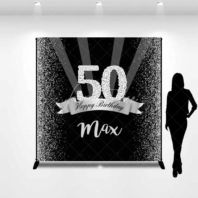Aperturee - Aperturee Custom Birthday Backdrop 50th Silver Glitter Personalize Name Black Shine Beams Background Adult Party Prop