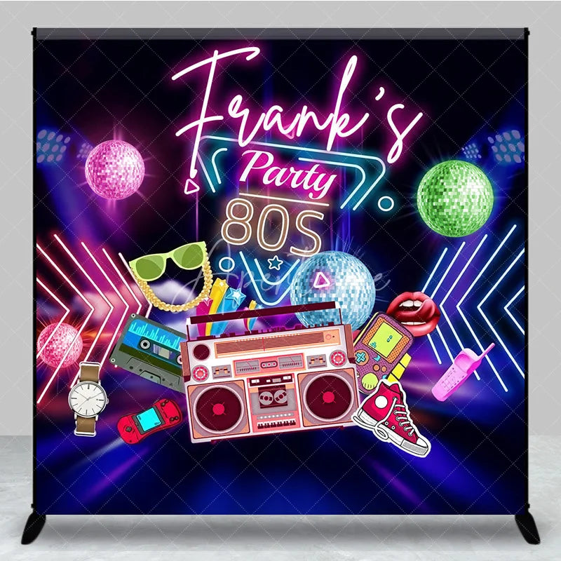 Aperturee - Aperturee Custom Birthday Backdrop 80s Retro Theme Neon Glow Disco Ball Boombox Party Supply