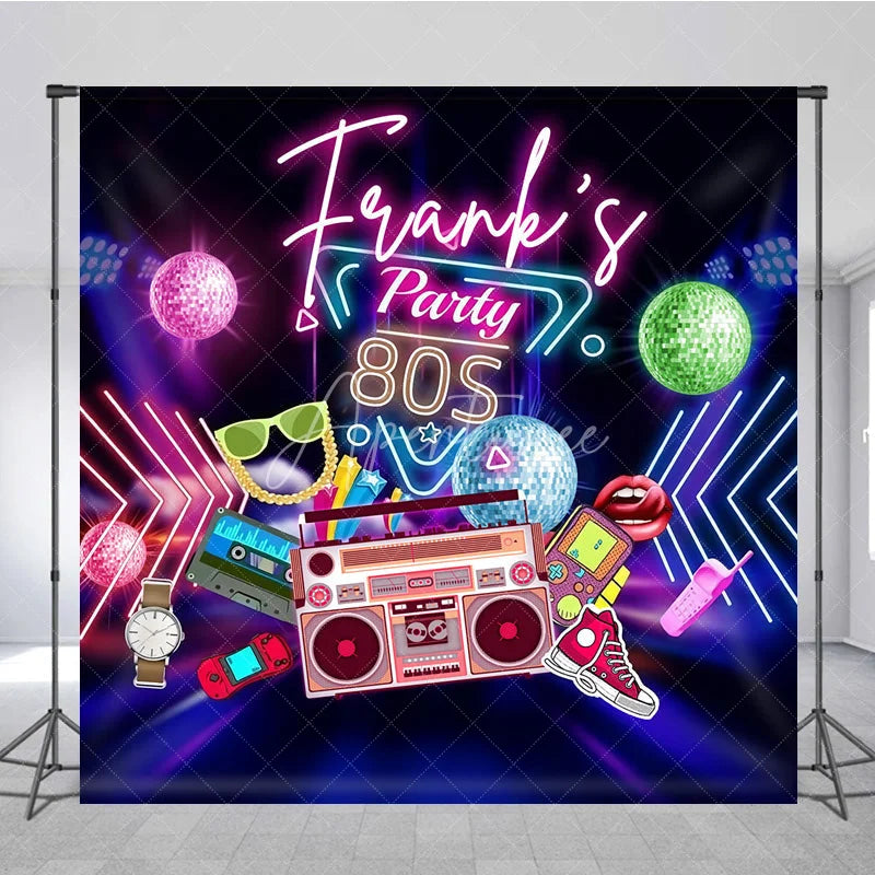 Aperturee - Aperturee Custom Birthday Backdrop 80s Retro Theme Neon Glow Disco Ball Boombox Party Supply