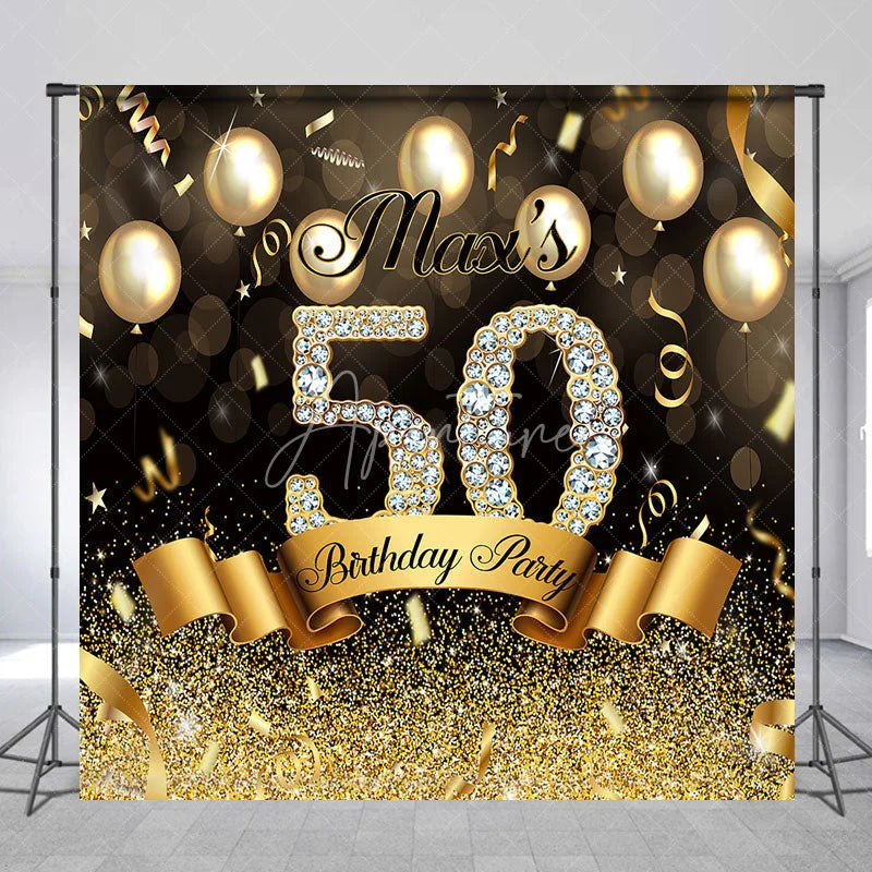 Aperturee - Aperturee Custom Birthday Backdrop Black Gold Balloons Diamond Number Background Personalized Name Age Adult Party Photography