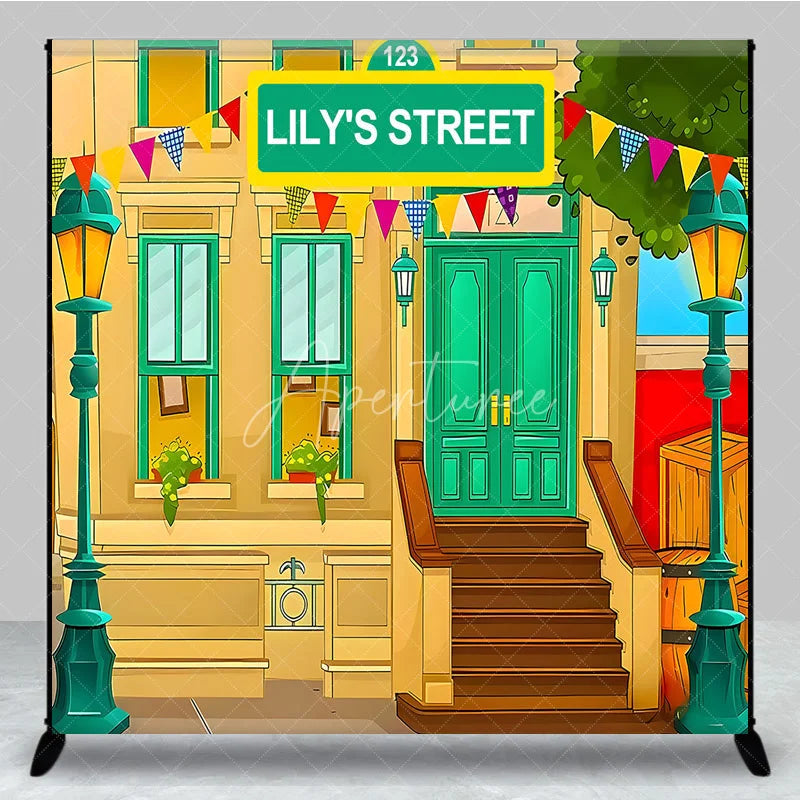 Aperturee - Aperturee Custom Birthday Backdrop Cartoon City Street Brownstone Building Green Sign Kids Prop