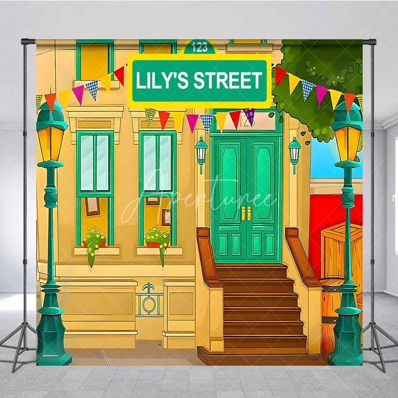 Aperturee - Aperturee Custom Birthday Backdrop Cartoon City Street Brownstone Building Green Sign Kids Prop
