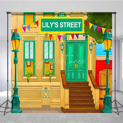 Aperturee - Aperturee Custom Birthday Backdrop Cartoon City Street Brownstone Building Green Sign Kids Prop