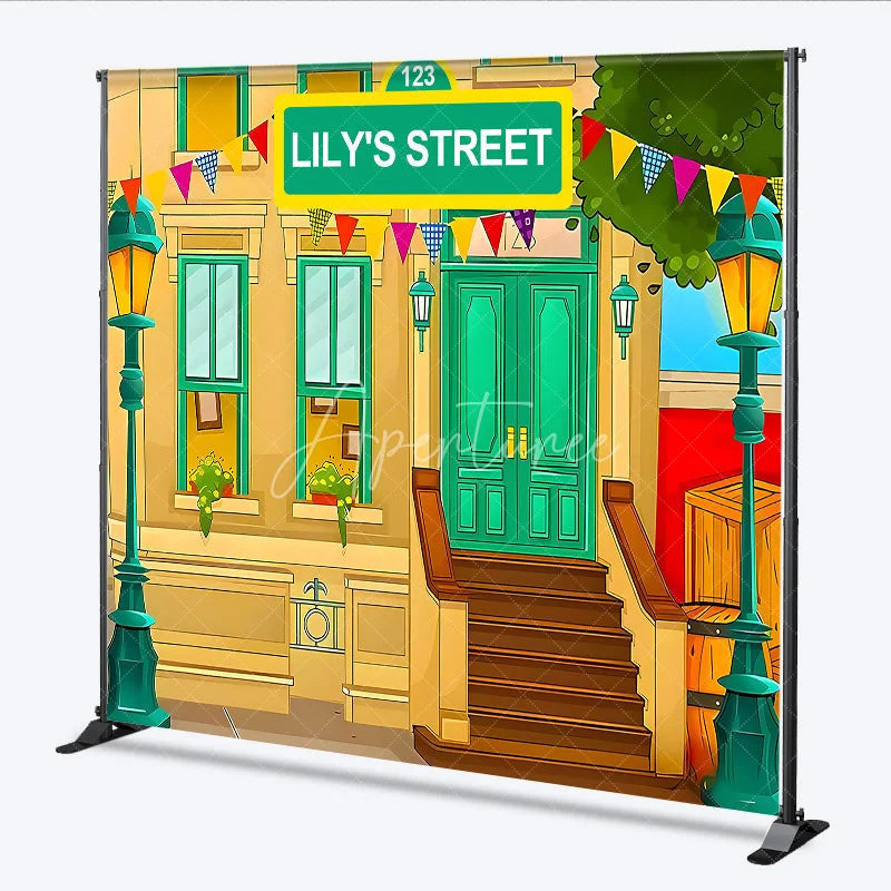 Aperturee - Aperturee Custom Birthday Backdrop Cartoon City Street Brownstone Building Green Sign Kids Prop