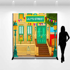 Aperturee - Aperturee Custom Birthday Backdrop Cartoon City Street Brownstone Building Green Sign Kids Prop