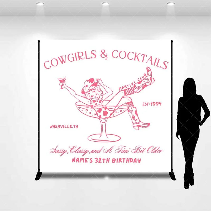 Aperturee - Aperturee Custom Birthday Backdrop Cowgirls and Cocktails Pink Line Art Western Boots Martini Personalized Background