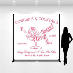 Aperturee - Aperturee Custom Birthday Backdrop Cowgirls and Cocktails Pink Line Art Western Boots Martini Personalized Background