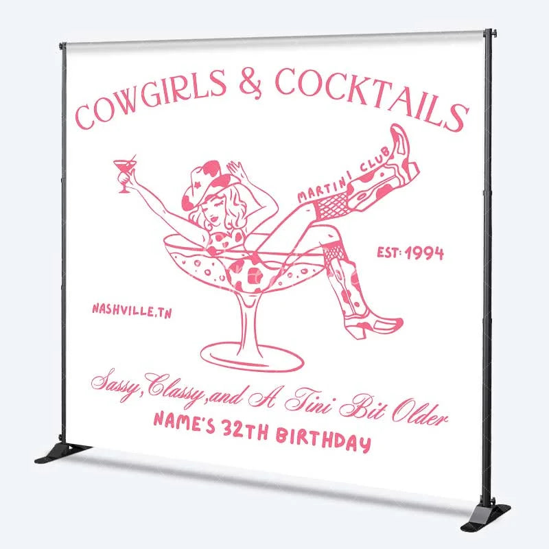 Aperturee - Aperturee Custom Birthday Backdrop Cowgirls and Cocktails Pink Line Art Western Boots Martini Personalized Background
