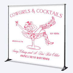Aperturee - Aperturee Custom Birthday Backdrop Cowgirls and Cocktails Pink Line Art Western Boots Martini Personalized Background