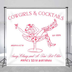 Aperturee - Aperturee Custom Birthday Backdrop Cowgirls and Cocktails Pink Line Art Western Boots Martini Personalized Background