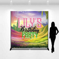 Aperturee - Aperturee Custom Birthday Backdrop Fantasy Rainbow Flower Field and Magic Castle Fairytale Party Background