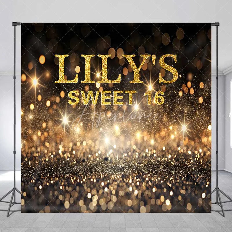 Aperturee - Aperturee Custom Birthday Backdrop Gold Bokeh Glitter Sweet 16 Sparkling Personalized Name Party Background