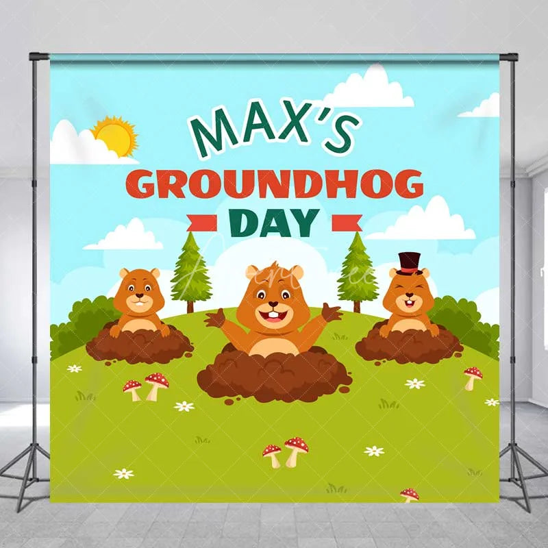 Aperturee - Aperturee Custom Birthday Backdrop Groundhog Day Cartoon Animals Green Grass Party Decor
