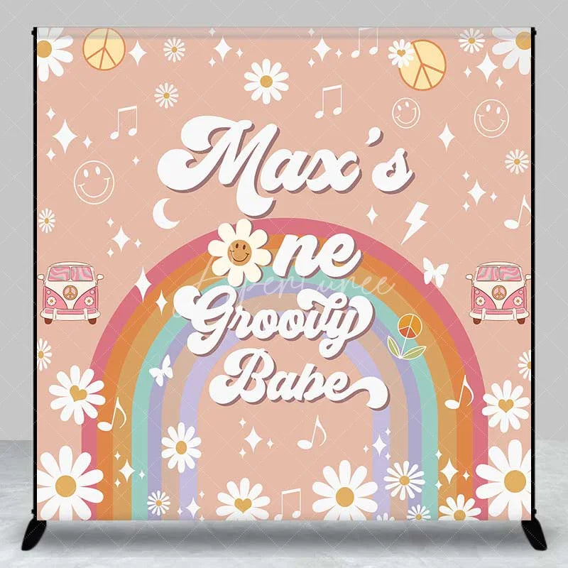 Aperturee - Aperturee Custom Birthday Backdrop One Groovy Babe Personalize Name Retro Daisy Flower Rainbow Background Girls 1st Bday Decor
