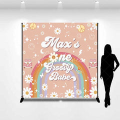 Aperturee - Aperturee Custom Birthday Backdrop One Groovy Babe Personalize Name Retro Daisy Flower Rainbow Background Girls 1st Bday Decor