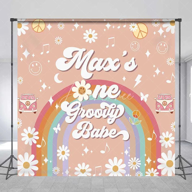 Aperturee - Aperturee Custom Birthday Backdrop One Groovy Babe Personalize Name Retro Daisy Flower Rainbow Background Girls 1st Bday Decor