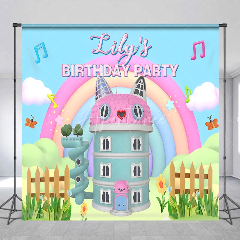 Aperturee - Aperturee Custom Birthday Backdrop Pastel Cat Dollhouse Theme Rainbow Kitty Party Photo Booth Props for Girl