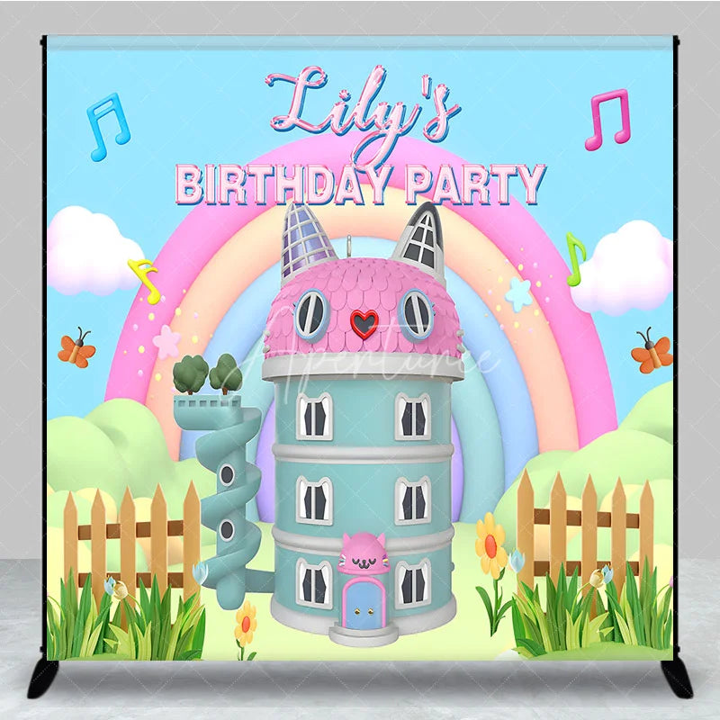 Aperturee - Aperturee Custom Birthday Backdrop Pastel Cat Dollhouse Theme Rainbow Kitty Party Photo Booth Props for Girl