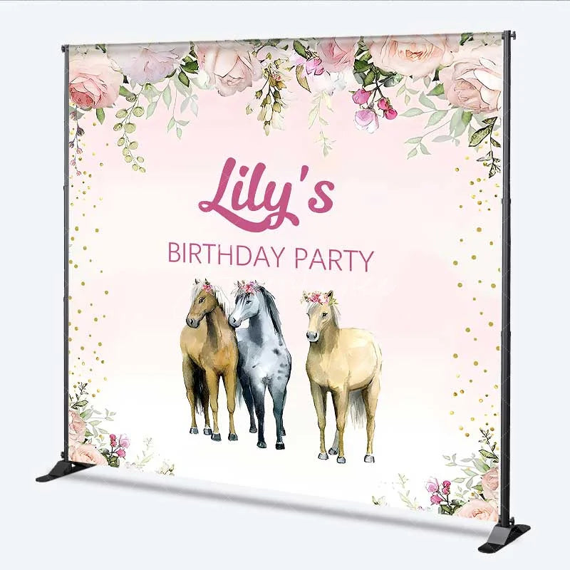 Aperturee - Aperturee Custom Birthday Backdrop Pink Floral Horse Farm Animals Photography Background
